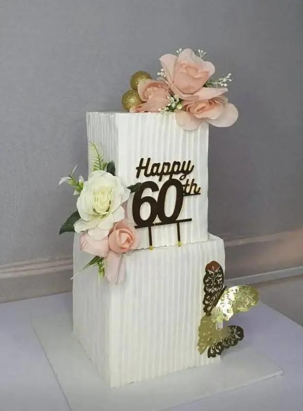 Elegant White 60th Birthday Celebration Cake