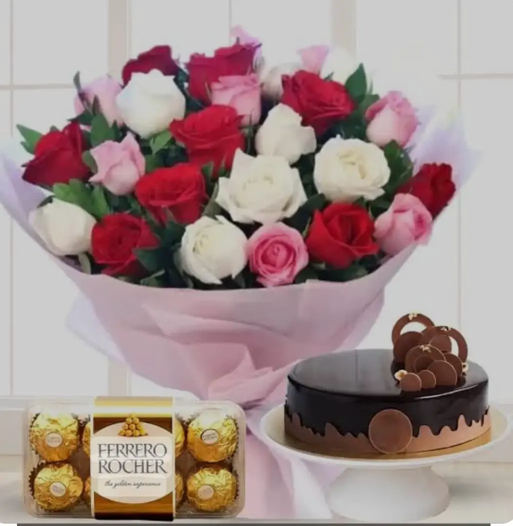 Bouquet of Red, White & Pink Roses, Chocolates, and 1kg Chocolate Fudge Cake